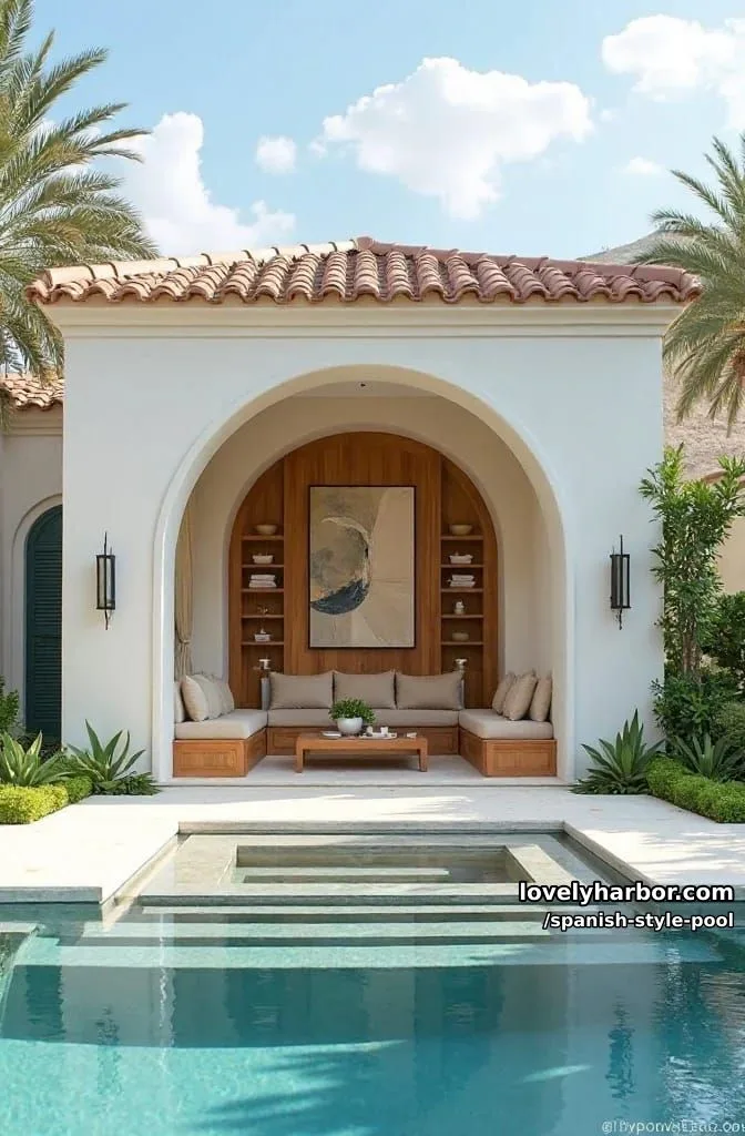 mediterranean poolside cabana with arches, wooden benches, and lush greenery. 1