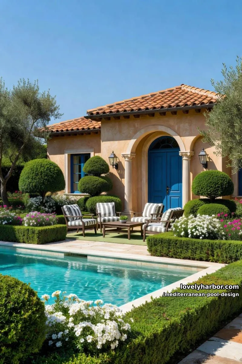 mediterranean villa with arched doors, blue accents, pool, and manicured garden. 1
