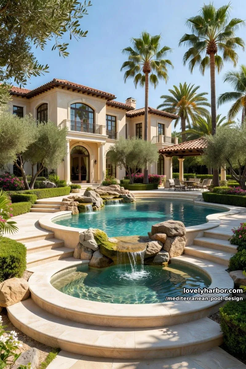 mediterranean villa with freeform pool, waterfalls, palms, and stone terraces. 1