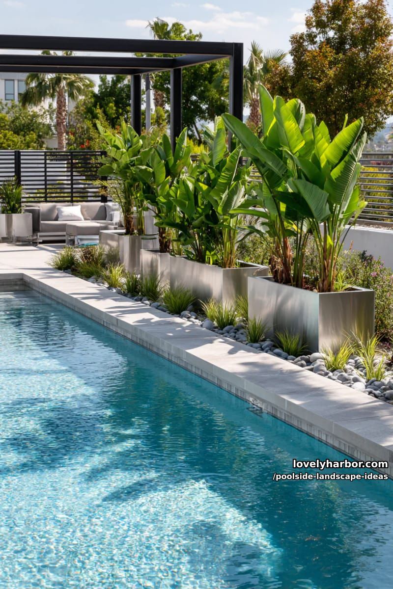 metallic planters with tropical plants beside pool, modern fence, and pergola. 1