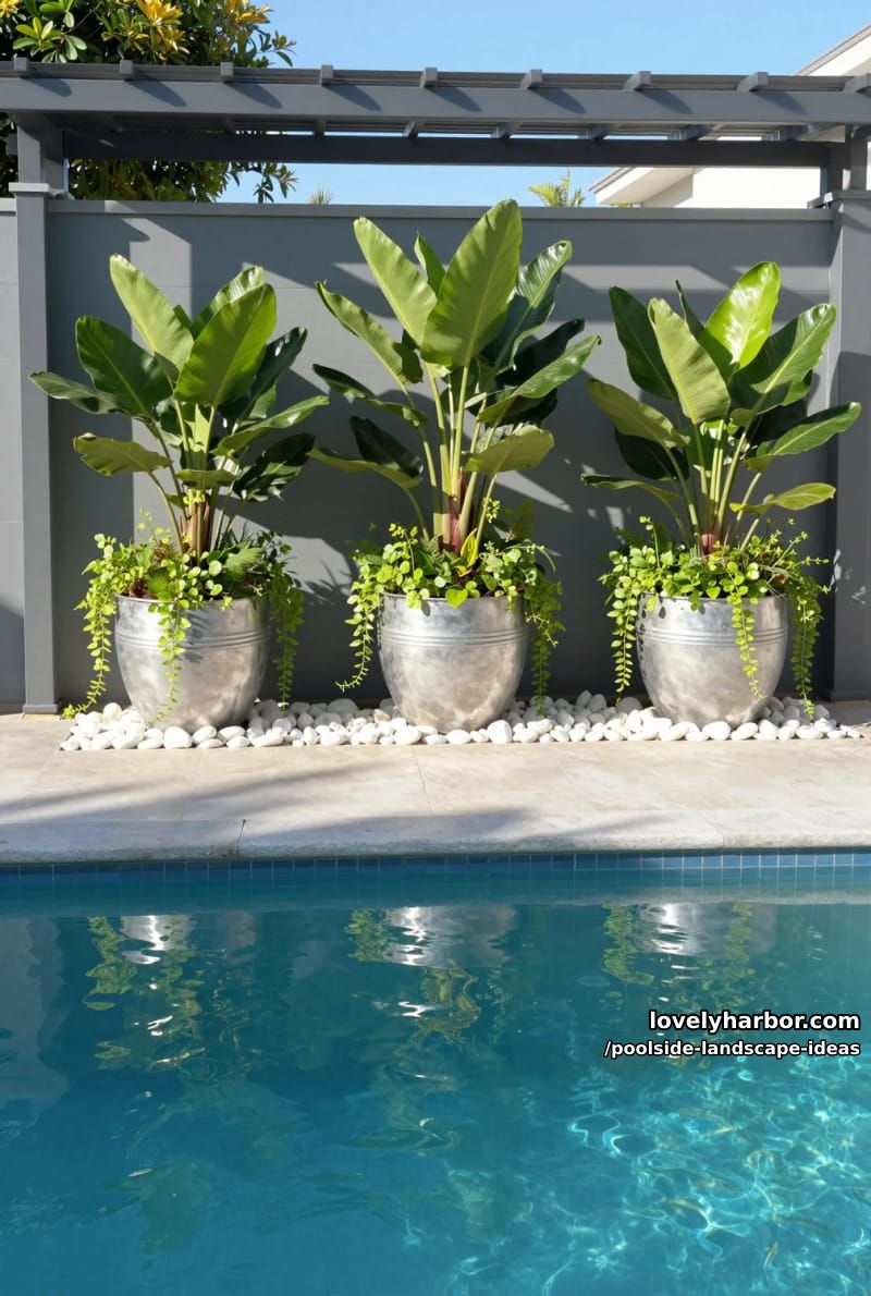 metallic planters with tropical plants beside pool, modern fence, and pergola. 1