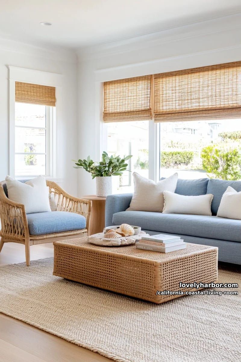 mid-century armchairs, blue sofa, bamboo shades, and layered natural textures. 1