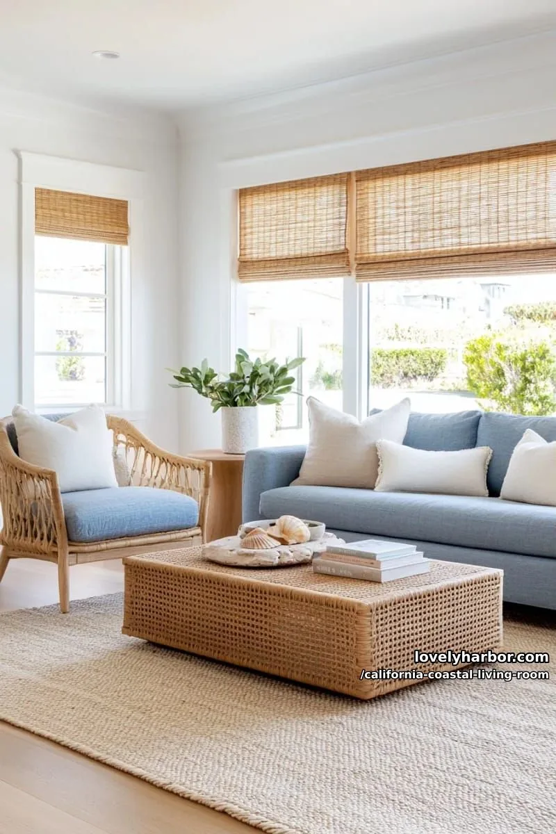 mid-century armchairs, blue sofa, bamboo shades, and layered natural textures. 1