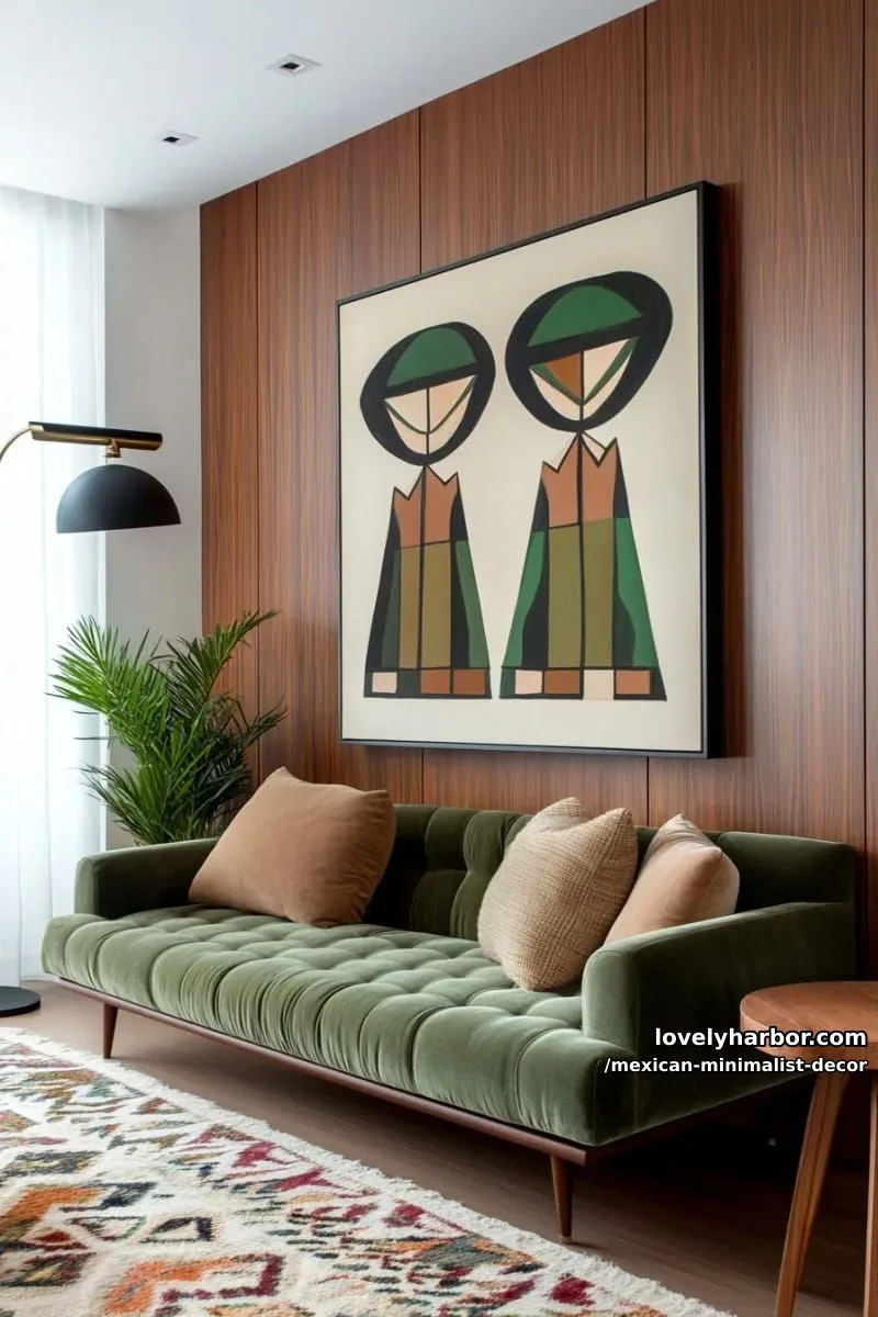 mid-century modern living room with dark wood paneling and abstract art. 1