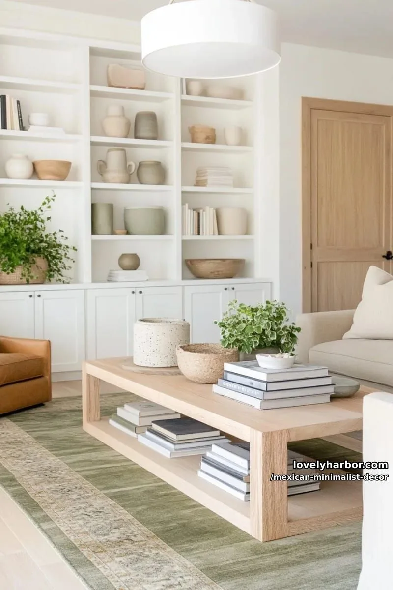 mid-century modern living room with olive rug, built-in shelves, and wood accents. 1