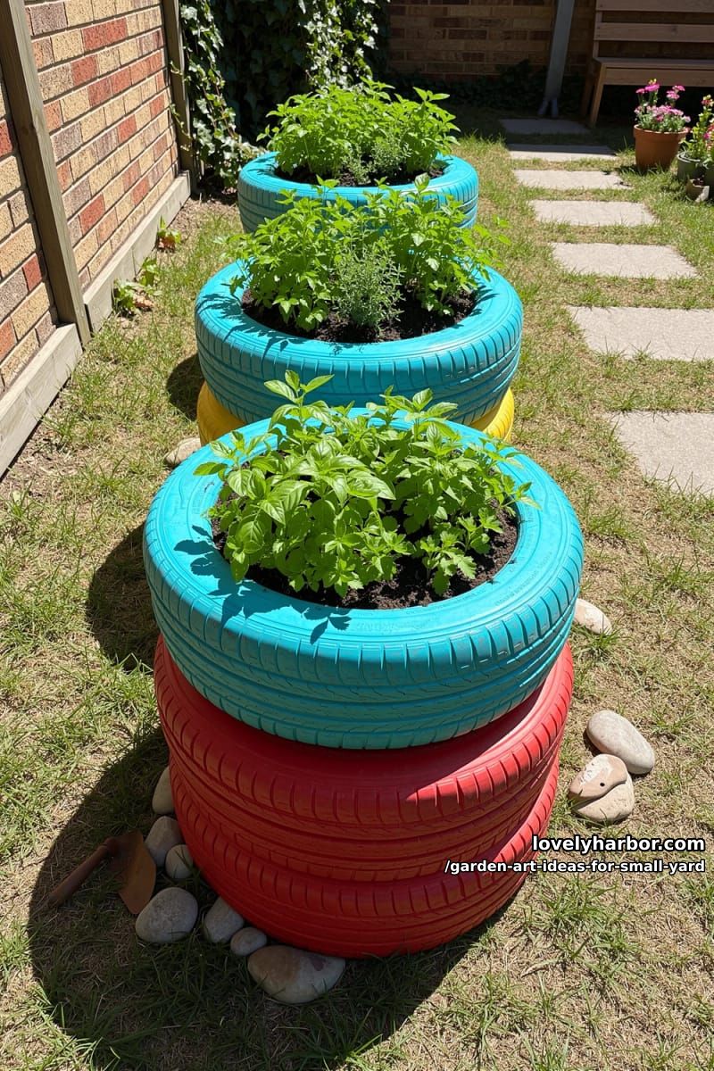20 Creative Garden Art Ideas to Elevate Small Yards 21 mini herb garden displayed in stacked painted tires 1