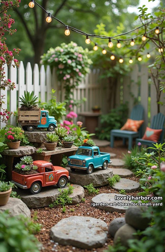 20 Creative Garden Art Ideas to Elevate Small Yards 9 miniature succulent gardens planted in upcycled toy trucks 1