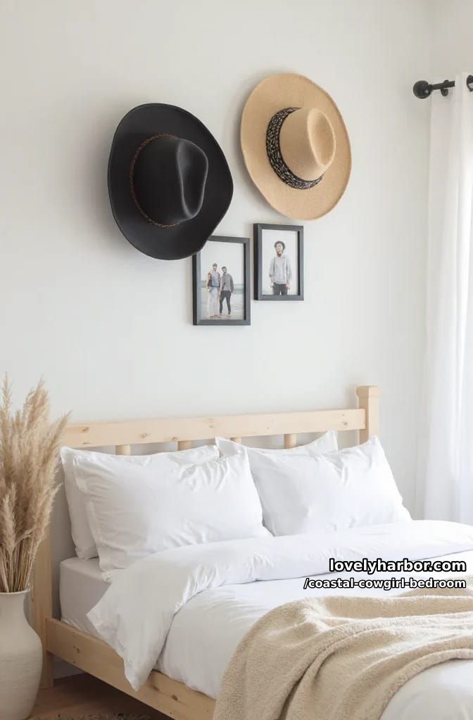 minimal bedroom wall with black cowboy hat, straw hats, framed group photos. 1