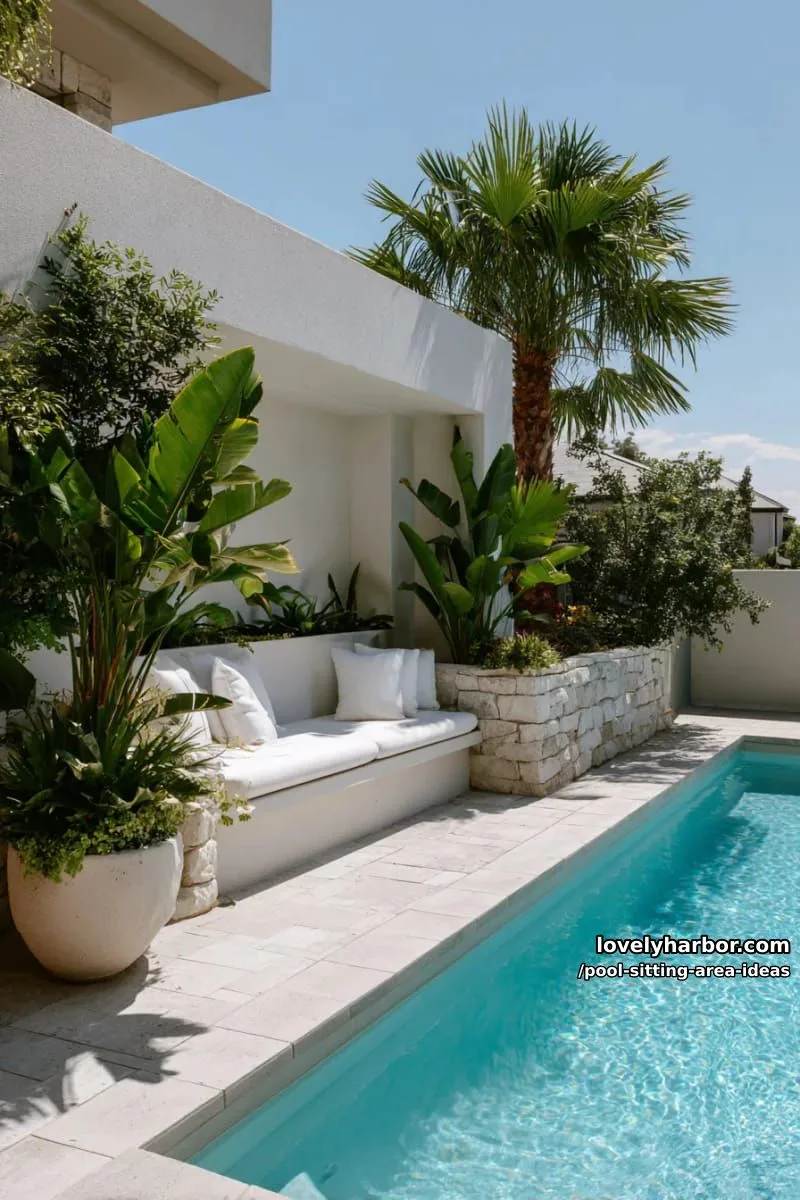 minimalist alcove bench by pool with potted plants. 1
