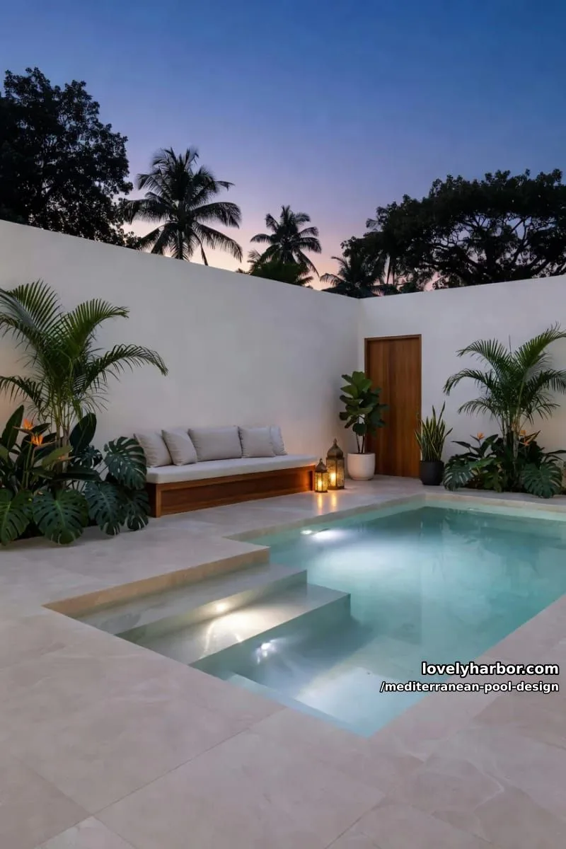 minimalist backyard with rectangular illuminated pool, wooden seating nook, and privacy wall. 1