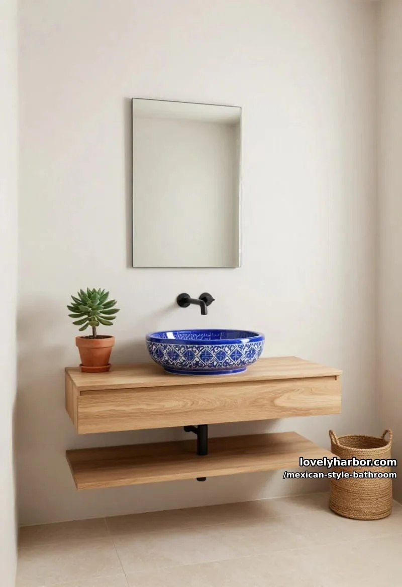 minimalist bathroom with floating light wood vanity and blue patterned vessel sink. 1