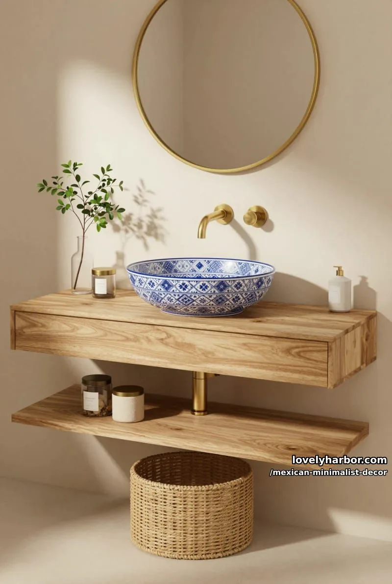 minimalist bathroom with floating wood vanity, patterned vessel sink, and brass fixtures. 1