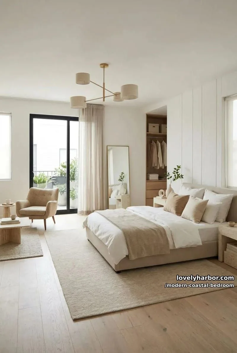 minimalist bedroom with beige and white bedding, textured accent wall, and open wardrobe. 1