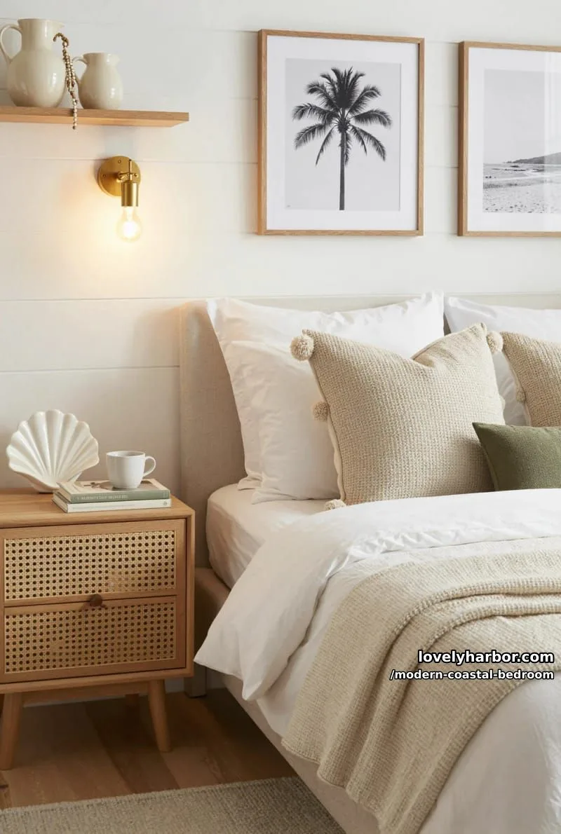minimalist coastal bedroom with shiplap wall, woven pillows, and soft neutral palette. 1