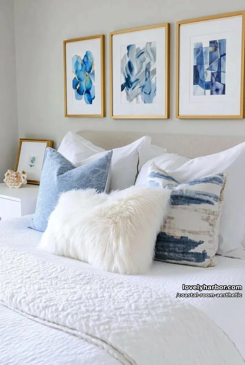 minimalist coastal bedroom with white bedding, blue pillows, and abstract art. 1
