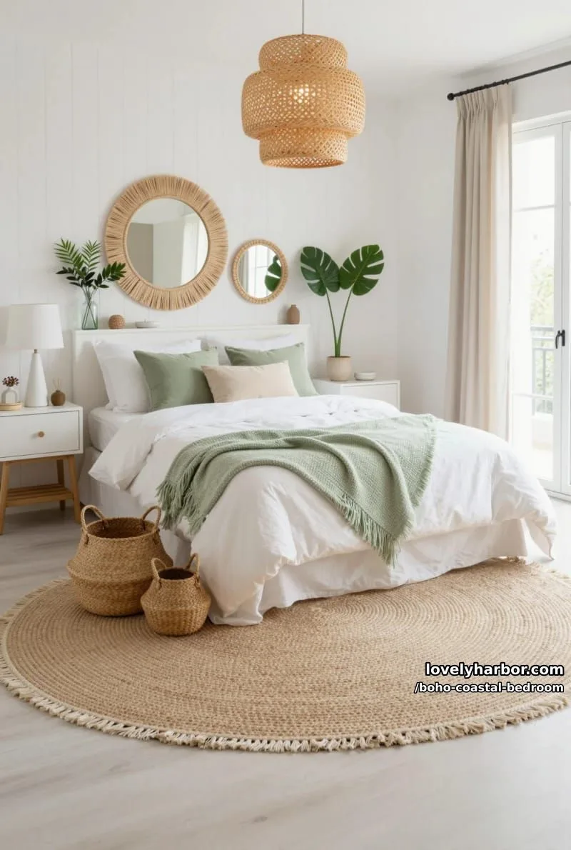 20 Boho Coastal Bedroom Ideas for a Dreamy Retreat 9 minimalist coastal bedroom with woven mirrors, green accents, and jute rug. 1