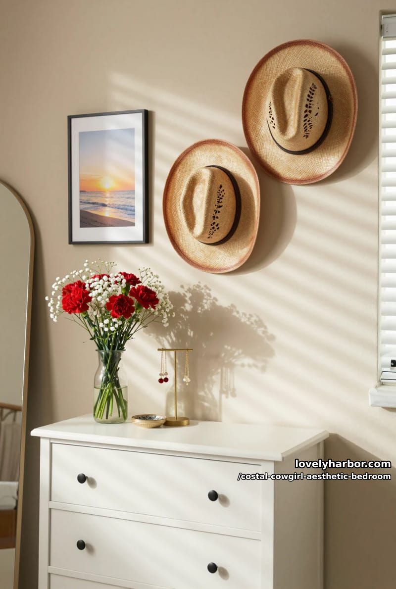 minimalist corner with straw cowboy hats, dresser, sunset art, and red carnations 1