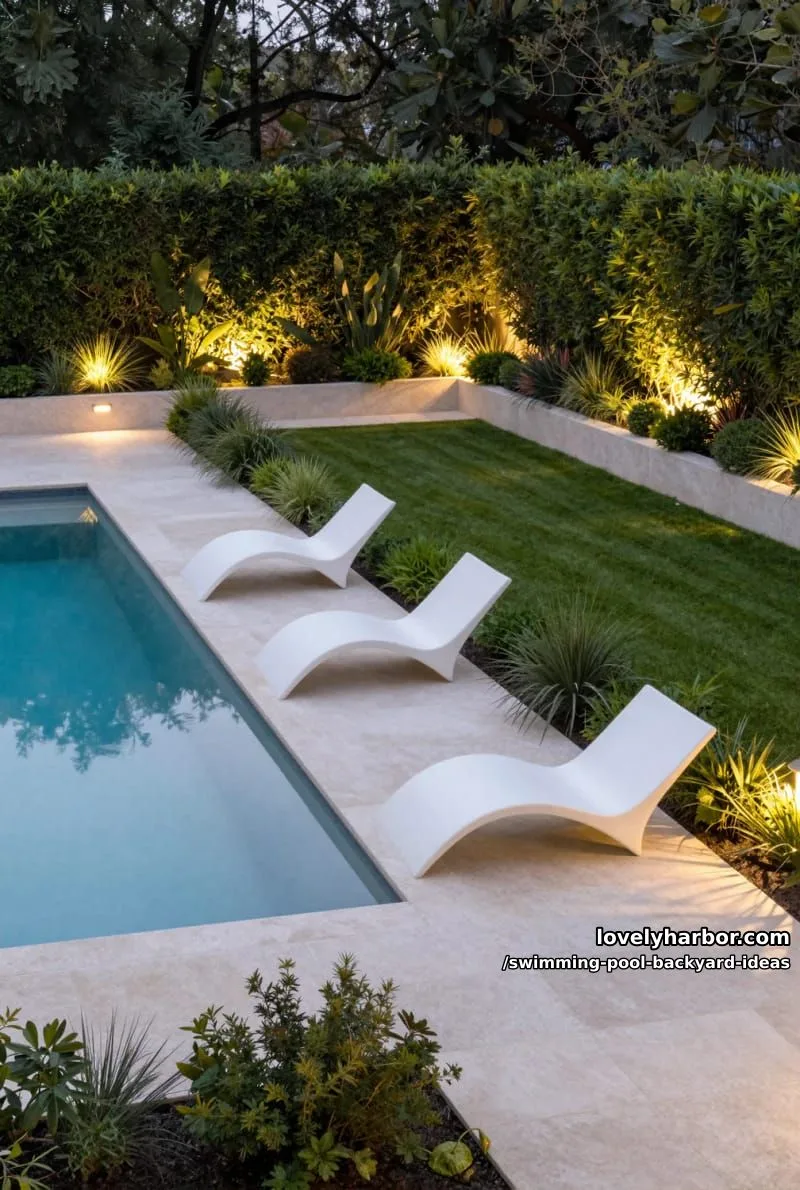 minimalist dusk pool, geometric planters, and illuminated steps with lush lawn 1
