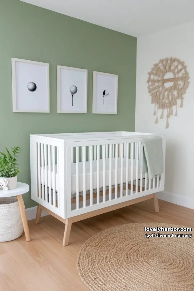 minimalist framed golf ball prints above a modern white crib 1