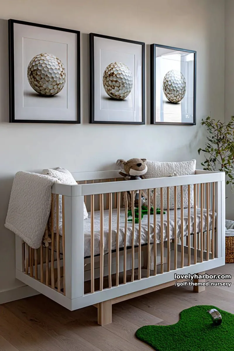 minimalist framed golf ball prints above a modern white crib 1