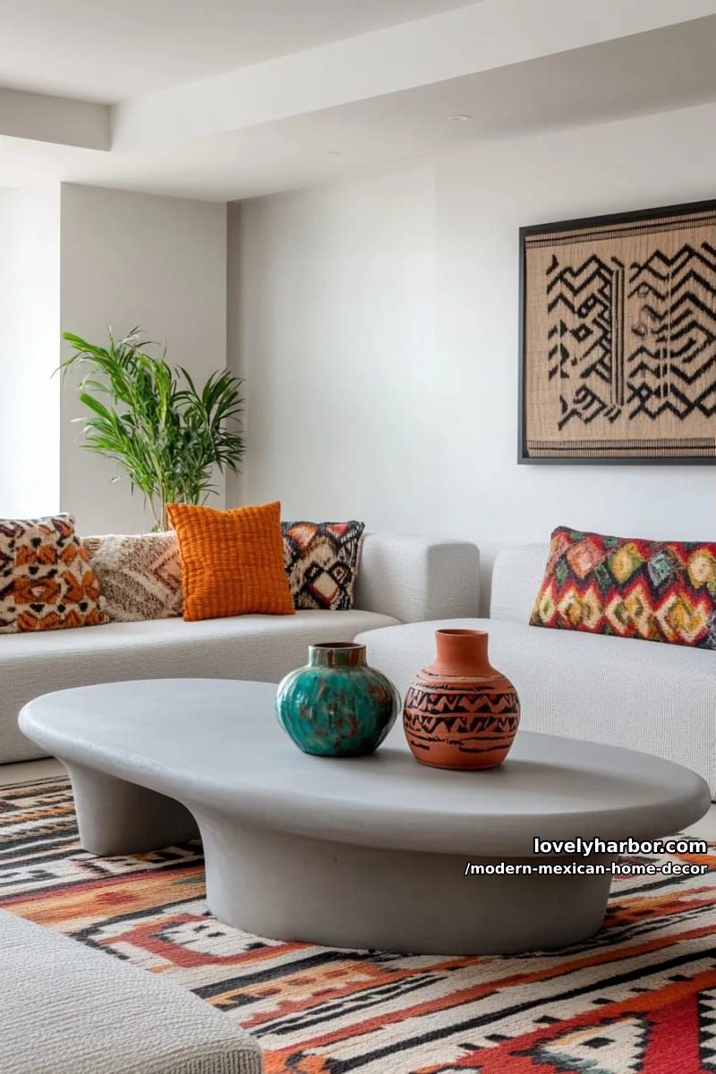 18 Modern Mexican Decor for a Stylish Home 6 minimalist living room with geometric textiles and vibrant patterned area rug. 1