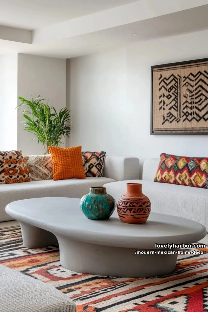 18 Modern Mexican Decor for a Stylish Home 5 minimalist living room with geometric textiles and vibrant patterned area rug. 1