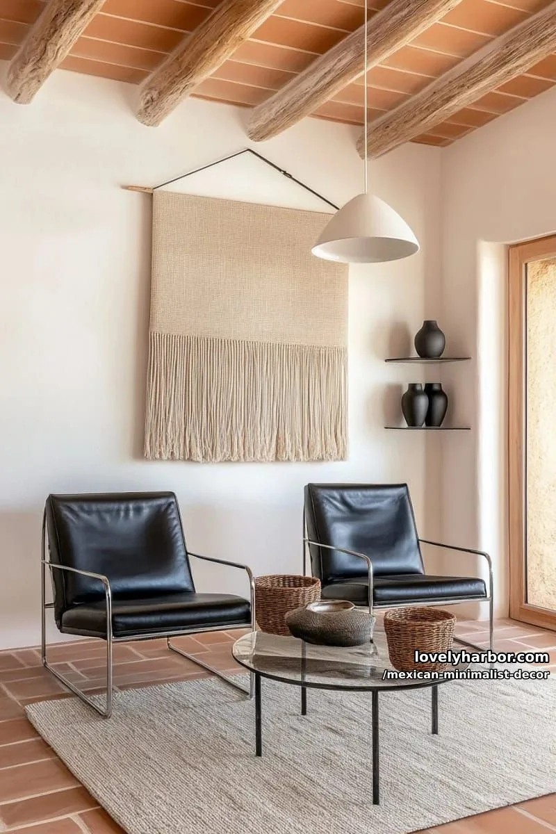 minimalist living room with terracotta floors, black leather chairs, and woven decor. 1