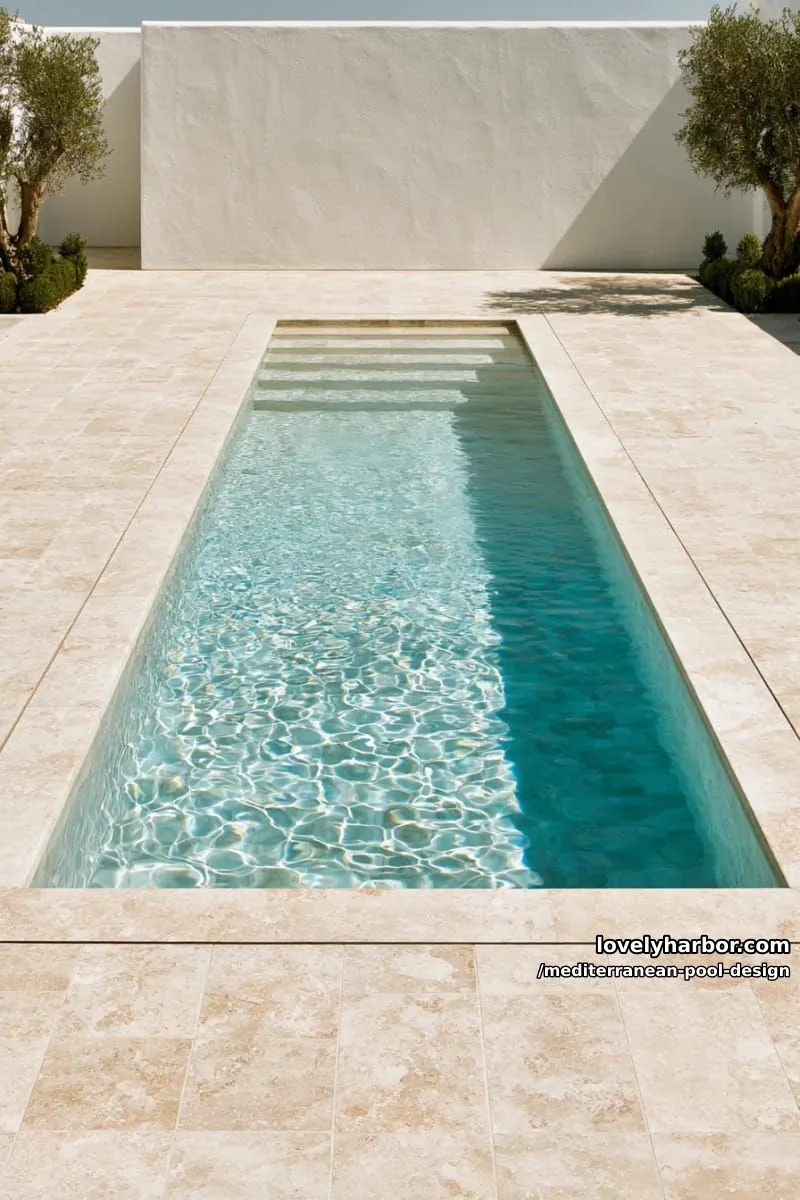 minimalist rectangular pool with beige stone, geometric lines, and clear turquoise water. 1