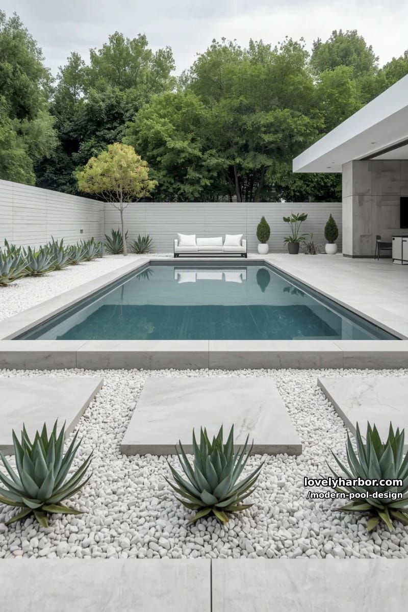 minimalist rectangular pool with concrete pavers, white gravel, succulents, and modern seating. 1