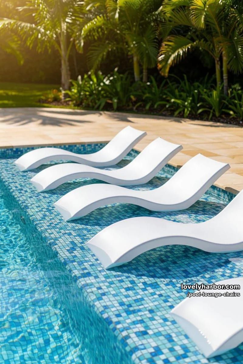 minimalist white lounge chairs partially submerged in blue mosaic pool. 1