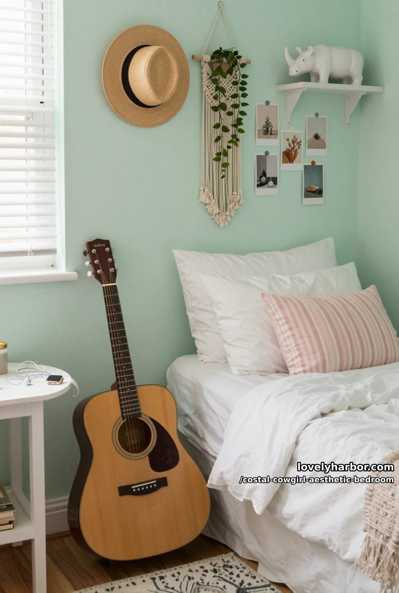 mint green bedroom with guitar, macrame, straw hat, art prints, and string lights 1