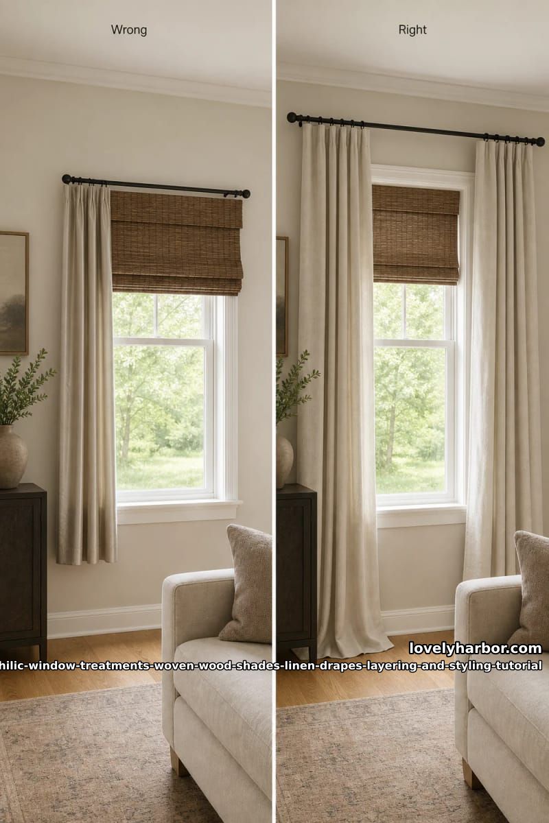 Biophilic Window Layering Tutorial for Woven Wood Shades and Linen Drapes 14 mistakes that flatten the layered look 1