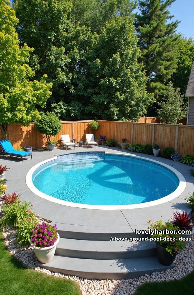 modern above-ground pool with composite deck and simple, stylish loungers. 1