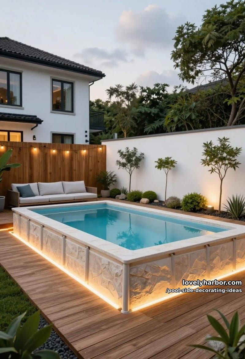 modern above-ground pool with led-lit deck, sectional seating, and privacy fence. 1