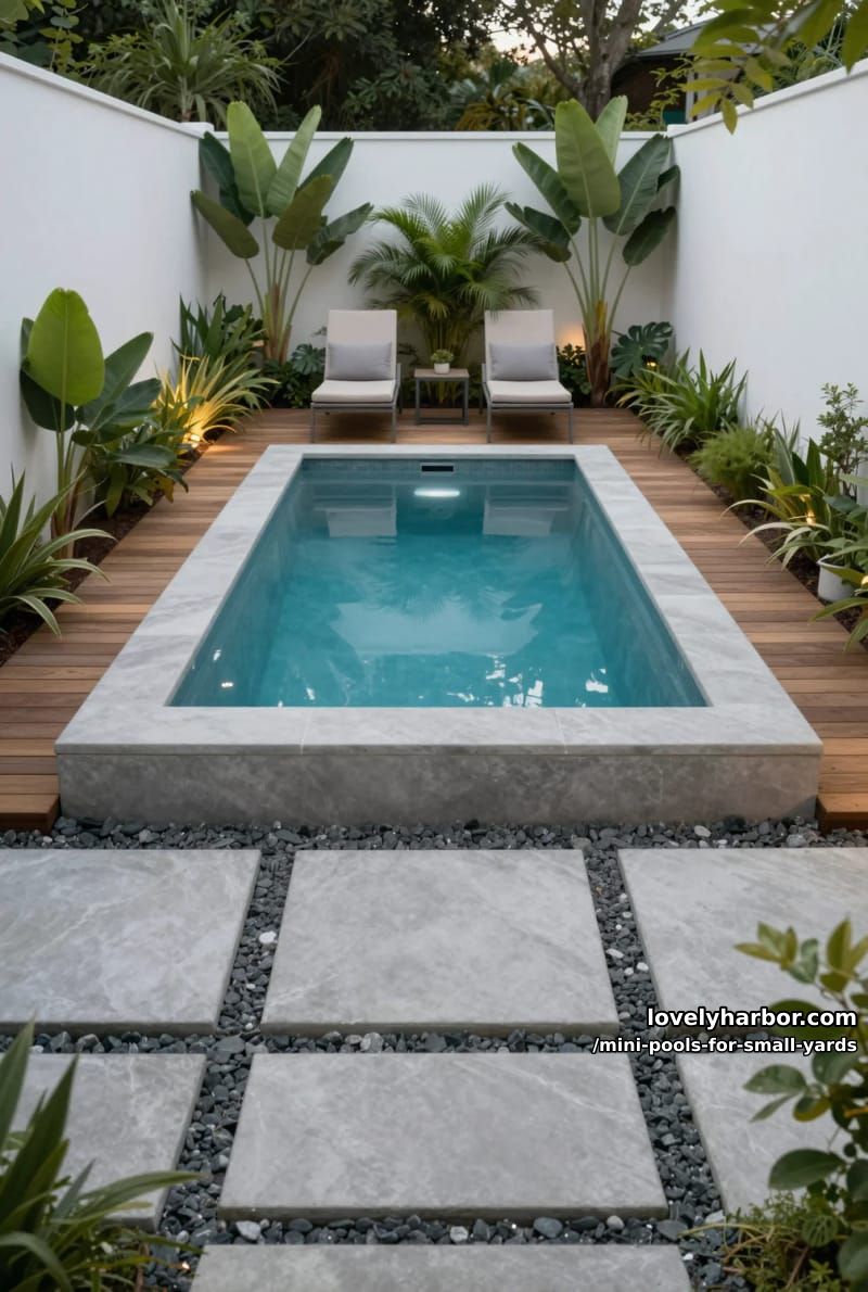 modern backyard plunge pool, gray stone coping, wooden decking, and tropical plants. 1