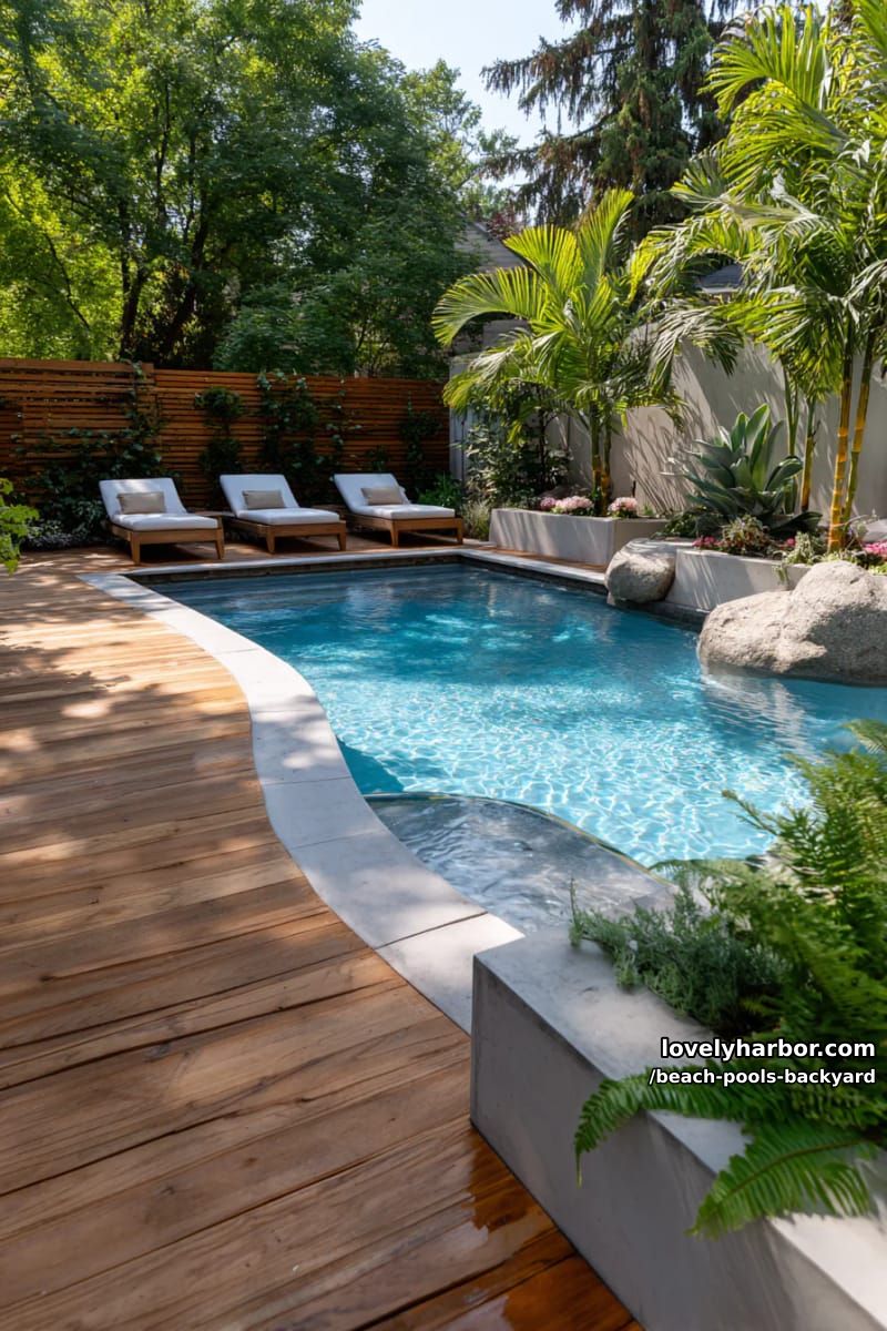 modern backyard pool with beach entry, raised planters, wooden decking, and lush garden. 1