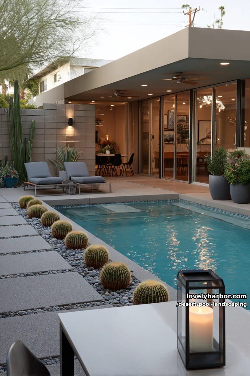 modern backyard, rectangular pool, barrel cacti, lantern, and covered patio. 1