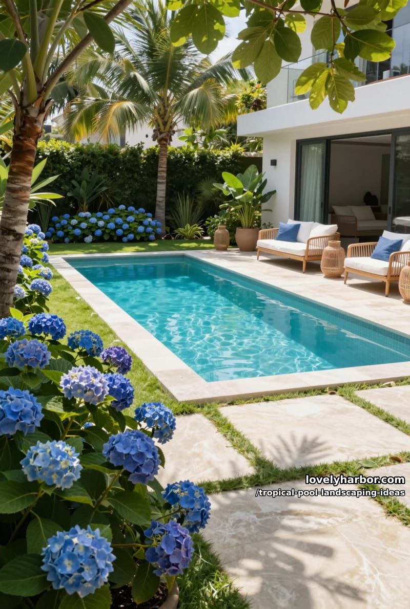 modern backyard, rectangular pool, stone walkway, hydrangeas, manicured lawn, trees. 1