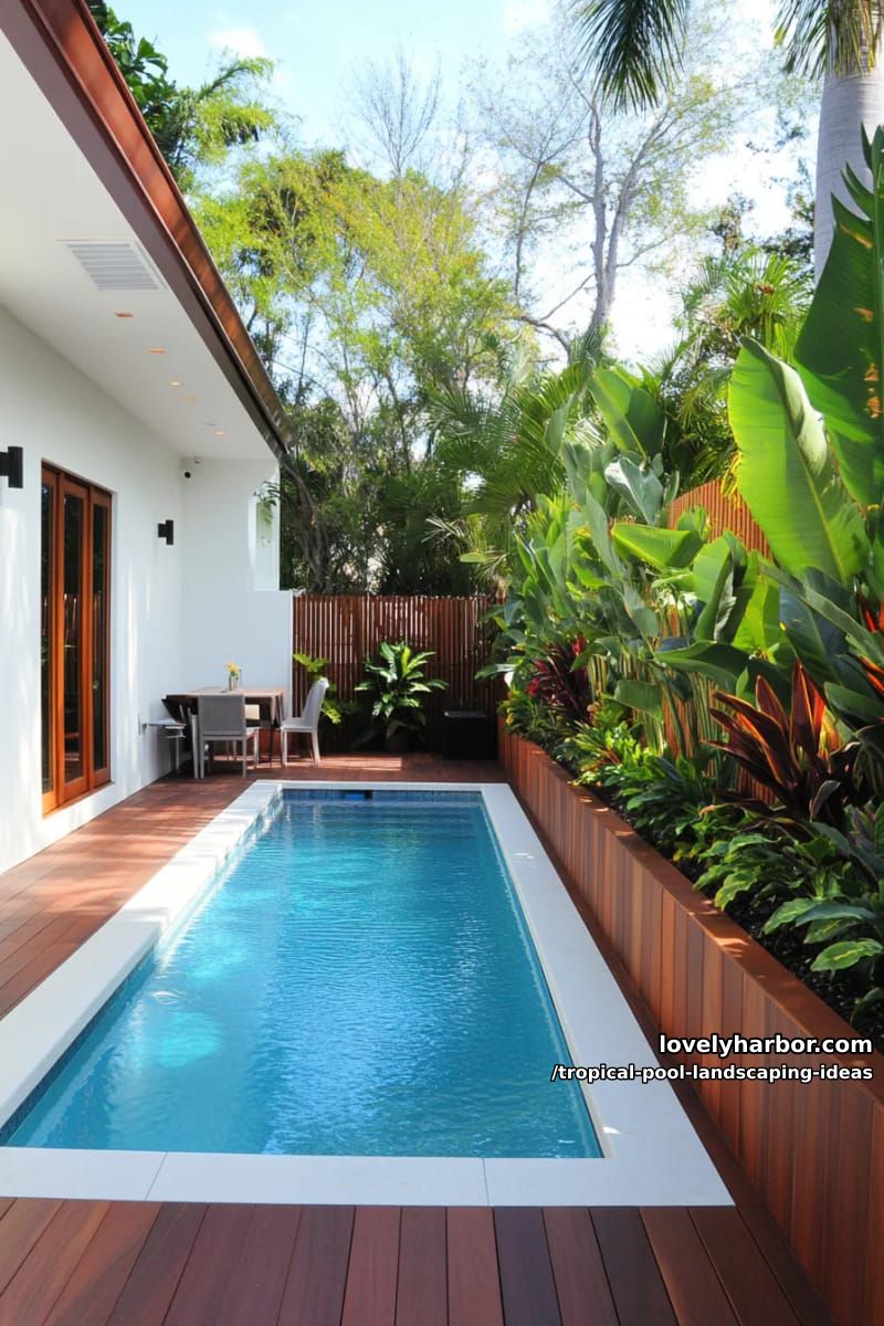 modern backyard, rectangular pool, wooden deck, lush planter box, privacy wall. 1