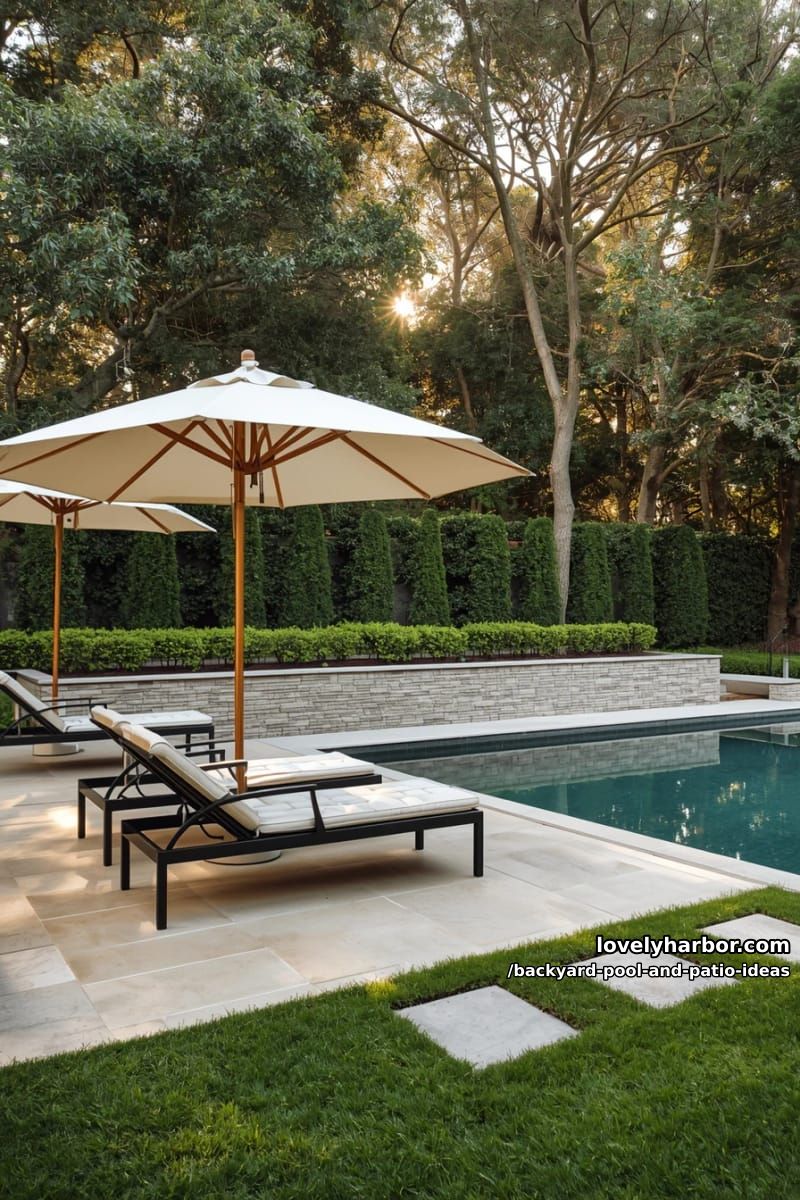 modern backyard with rectangular pool, lounge chairs, patio umbrellas, and lush landscaping. 1