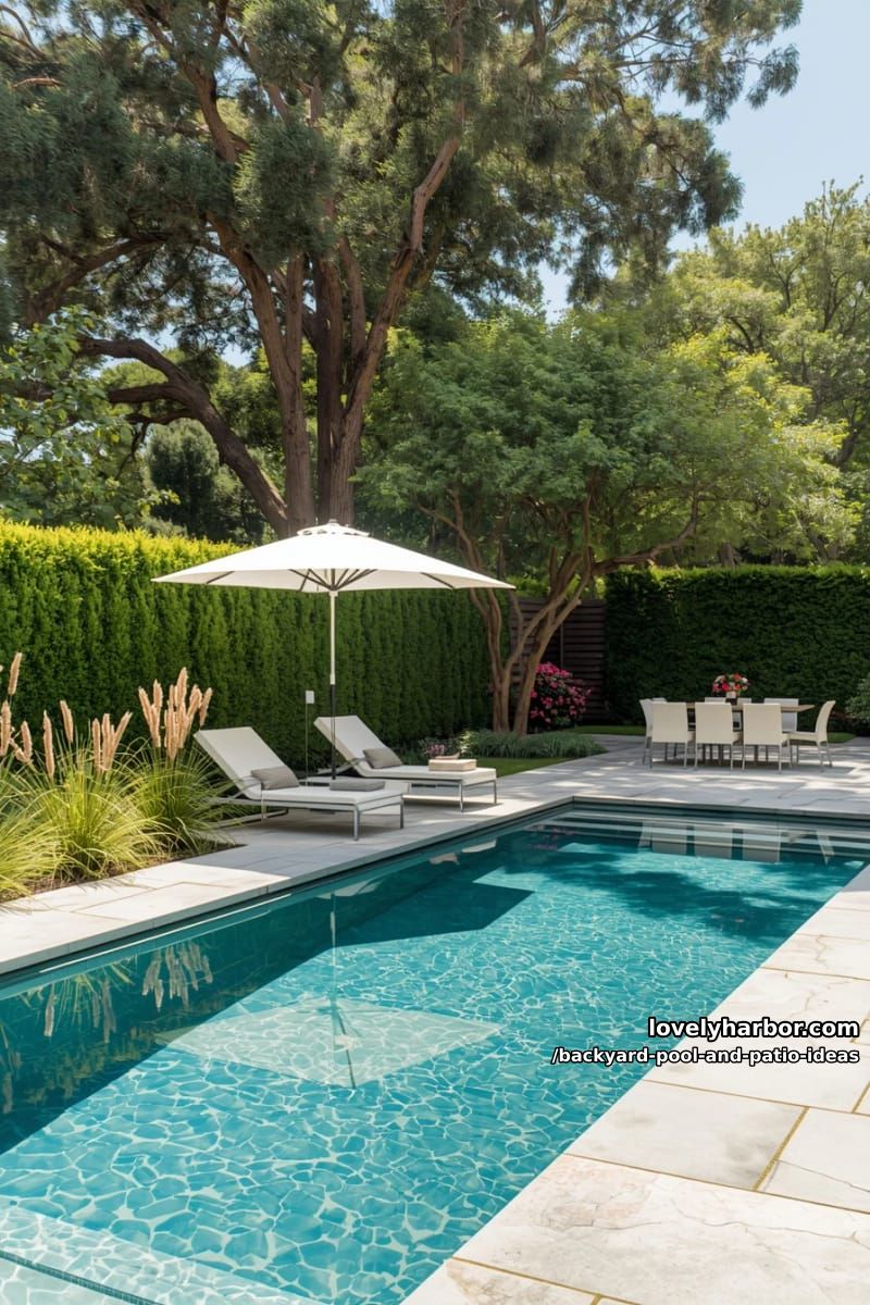 modern backyard with rectangular pool, lounge chairs, patio umbrellas, and lush landscaping. 1