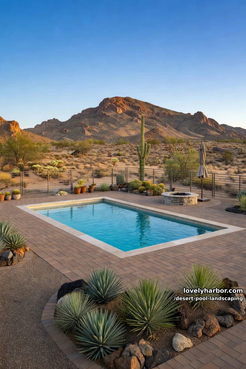 modern backyard with rectangular pool, pavers, agave, saguaro, and fire pit. 1