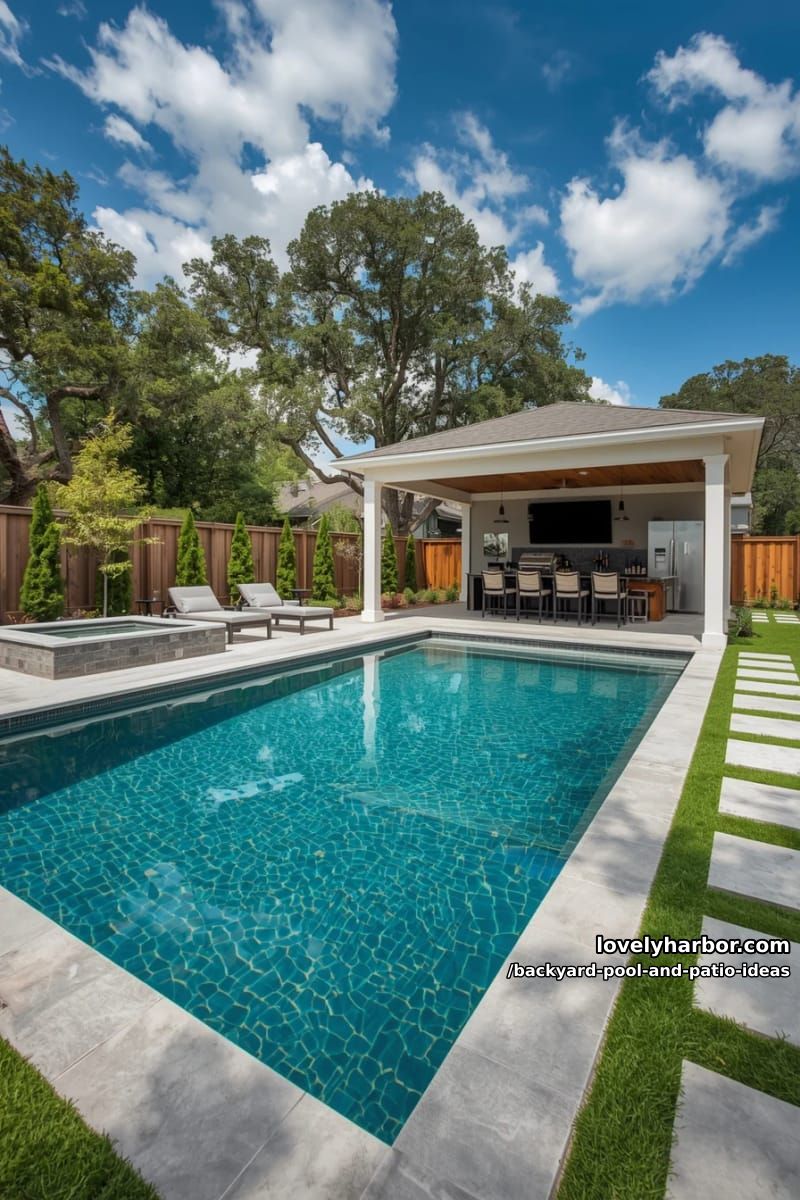 modern backyard with rectangular pool, raised hot tub, pavilion, and outdoor kitchen. 1