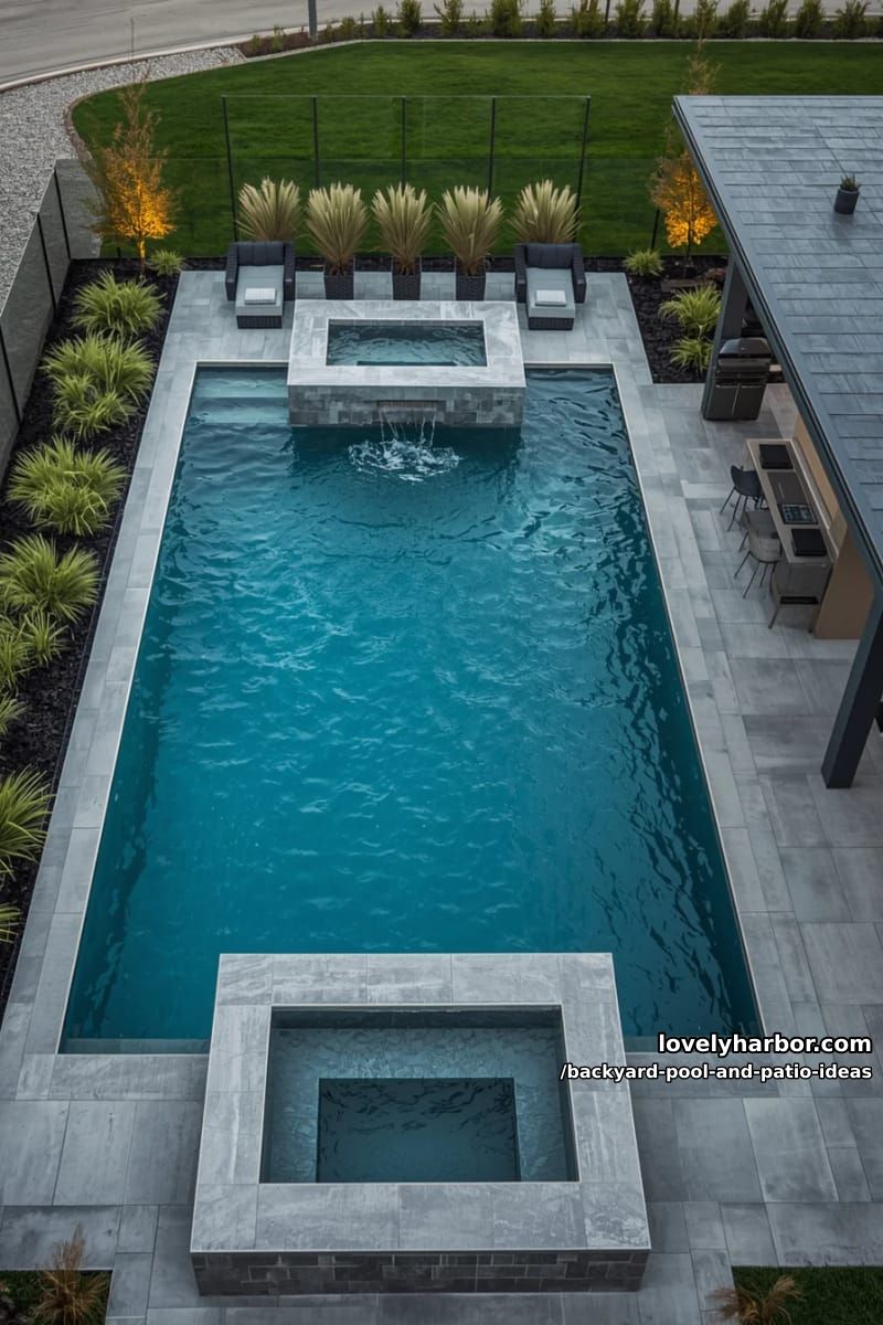 modern backyard with rectangular pool, raised hot tub, pavilion, and outdoor kitchen. 1