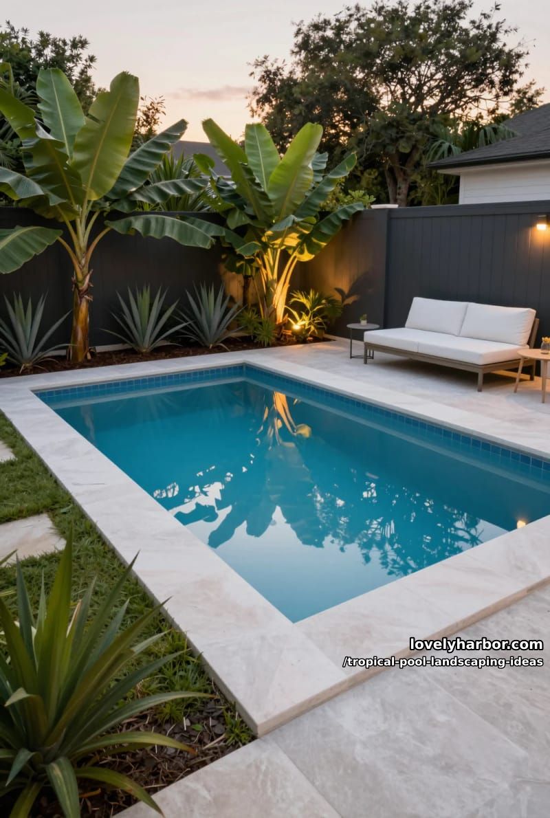modern backyard with rectangular pool, white stone edging, lush tropical plants. 1