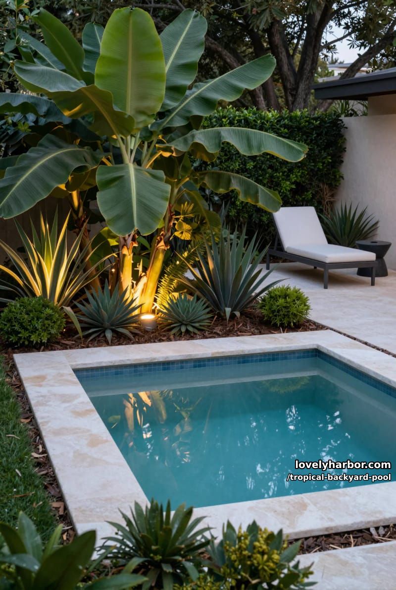 modern backyard with small pool, tropical plants, and minimalist lounge area 1