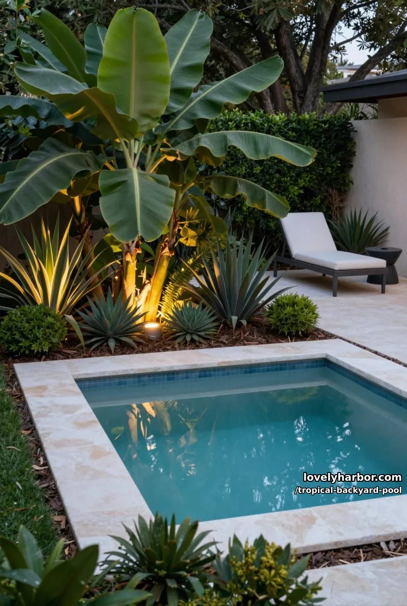 20 Tropical Backyard Pools That Feel Like a Resort 4 modern backyard with small pool, tropical plants, and minimalist lounge area 1