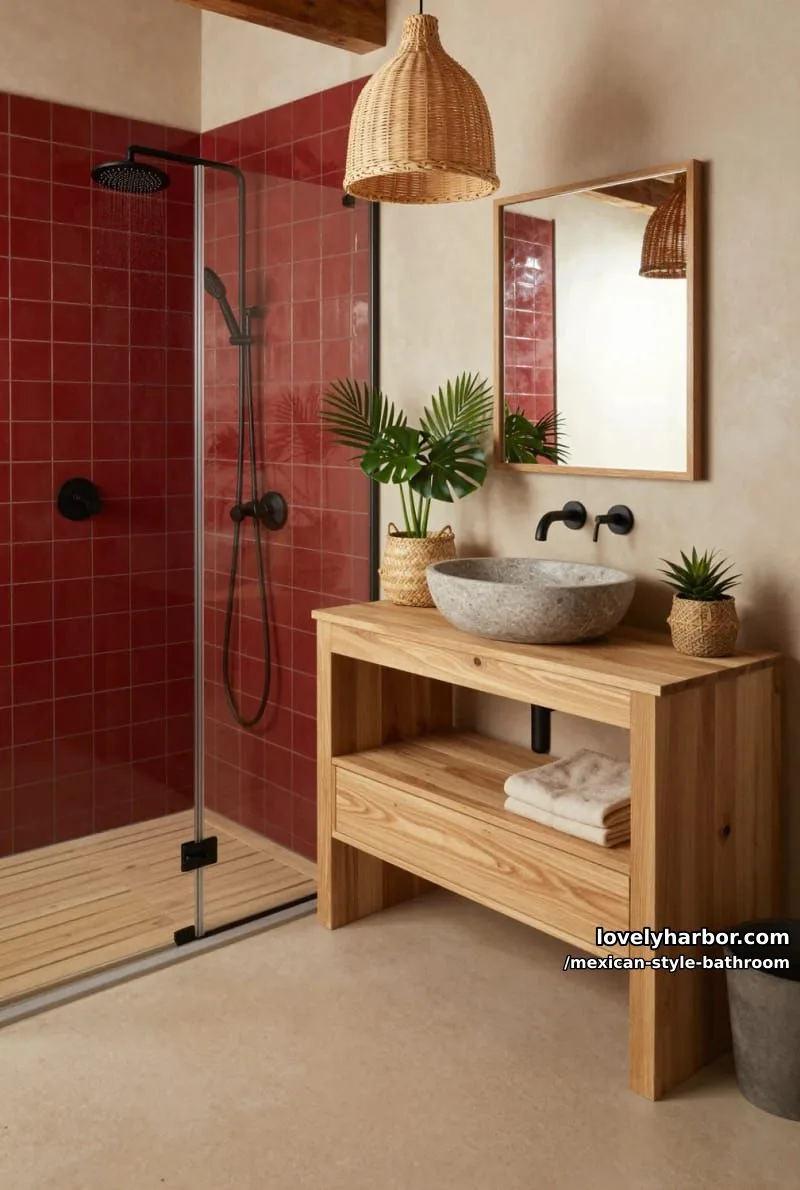 modern bathroom with red tiled shower, wood accents, and potted green plants. 1