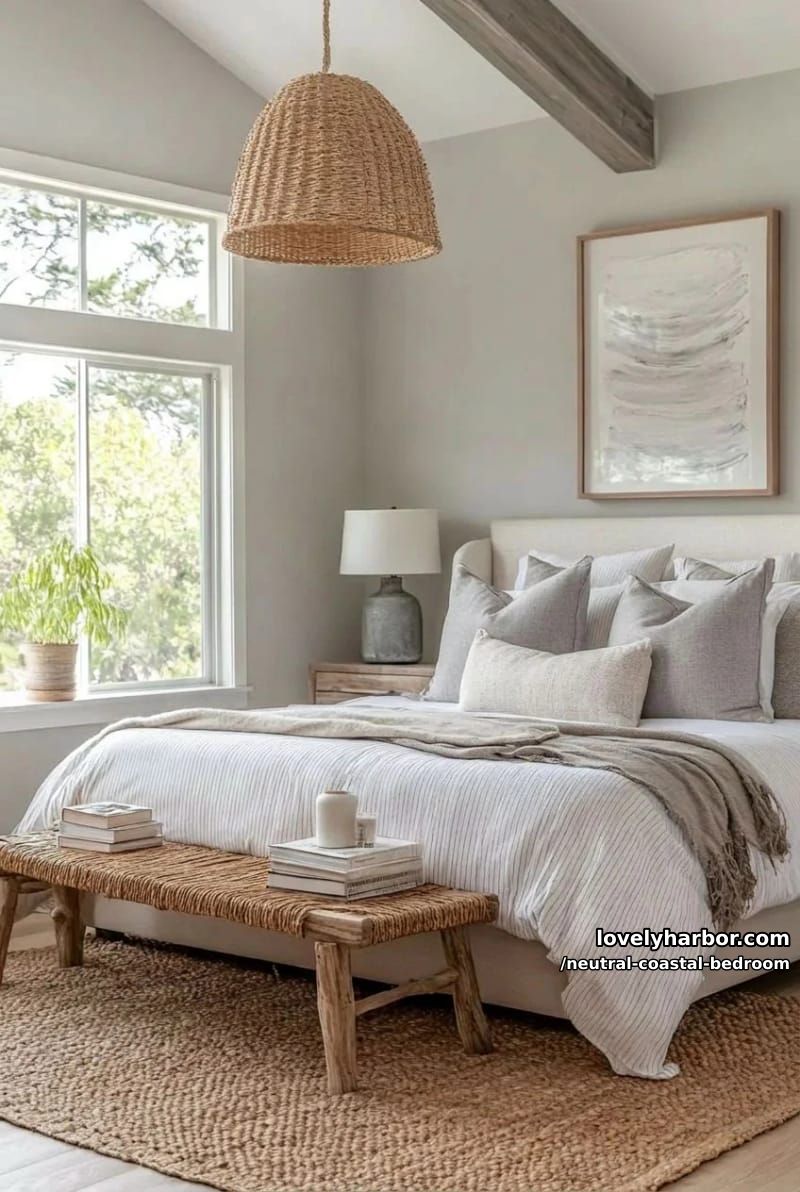 modern bedroom with white upholstered bed, striped bedding, rattan bench, and abstract art. 1