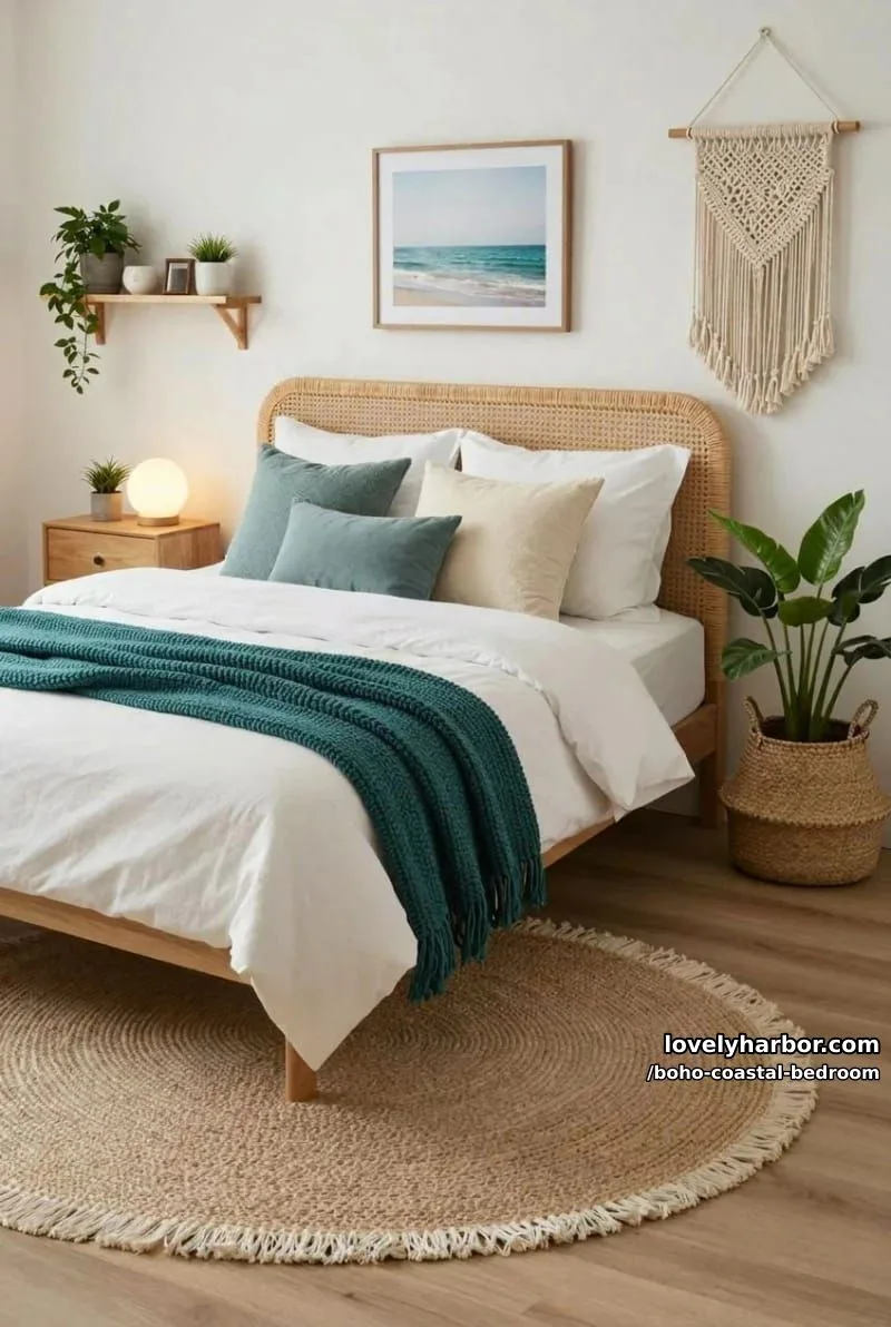 20 Boho Coastal Bedroom Ideas for a Dreamy Retreat 18 modern boho bedroom with rattan headboard, teal throw, plants, and wall shelf. 1
